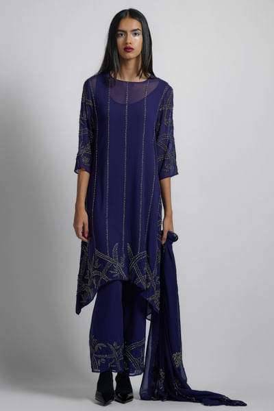 Purple abstract bead embellished pants