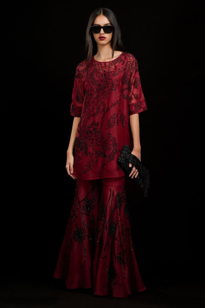 Ruby abstract bead embellished tunic