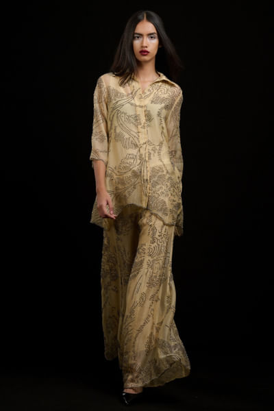 Topaz abstract bead embellished palazzo pants