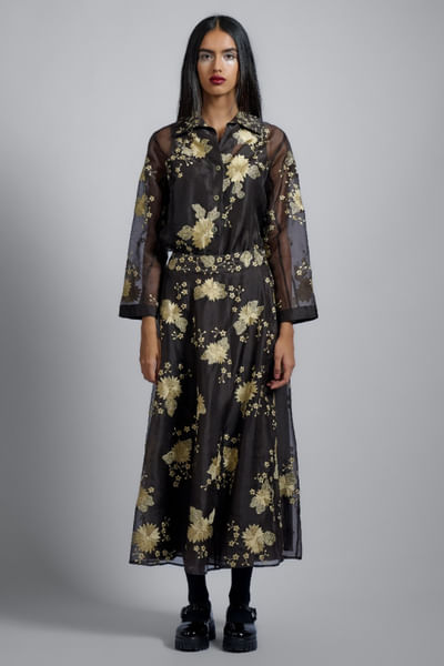 Brown floral thread embroidered shirt