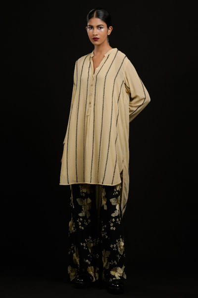 Black floral thread embroidered palazzos