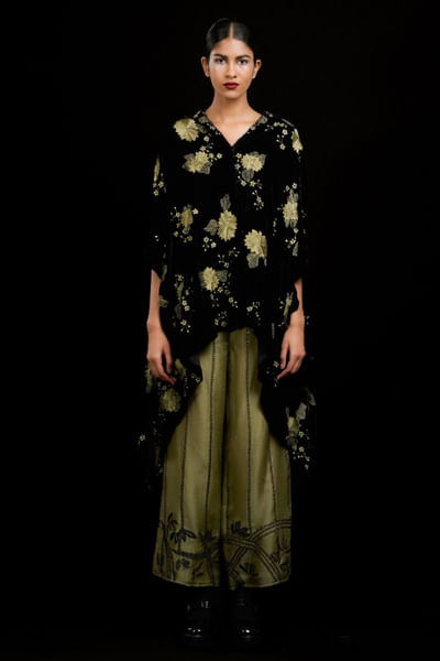 Black floral thread embroidered velvet cape