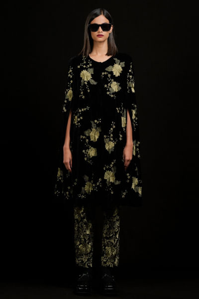Black floral thread embroidered cape