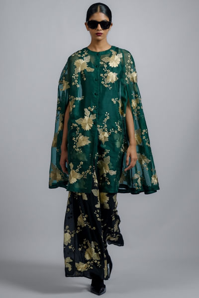 Emerald floral thread embroidered cape