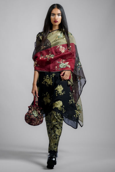 Multicolour floral thread embroidered dupatta