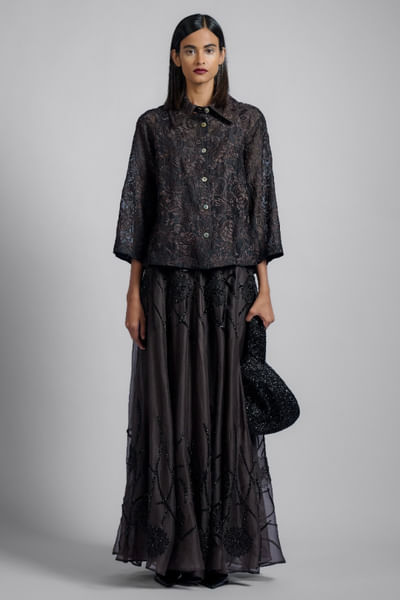 Black tonal floral thread embroidered jacket