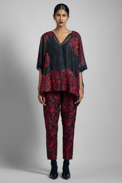Black floral thread embroidered top