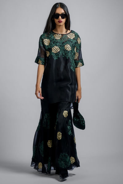Black floral thread embroidered tunic