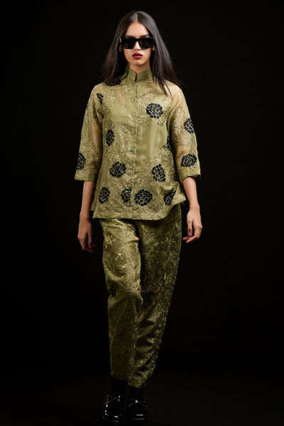 Jade floral thread embroidery pants