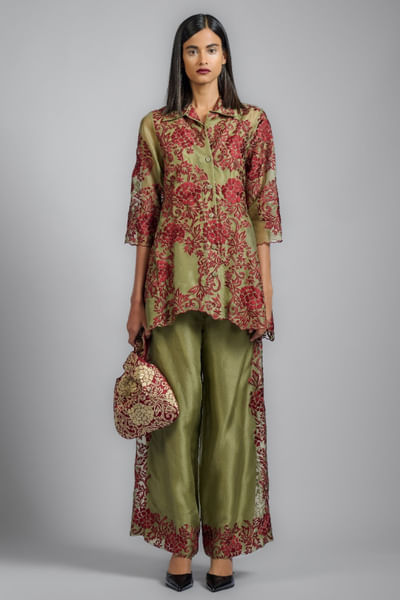 Jade floral thread embroidered pants