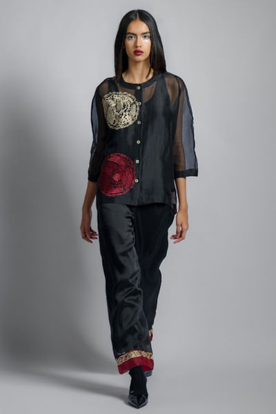 Black thread embroidered silk organza pants