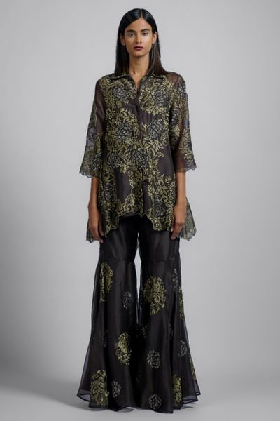 Brown floral thread and bead embellished shirt