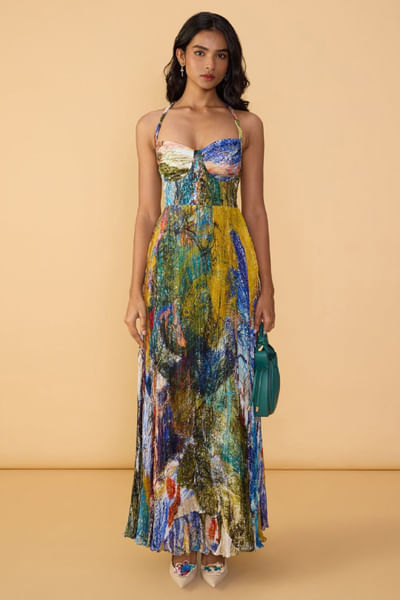 Multicolour abstract printed maxi dress