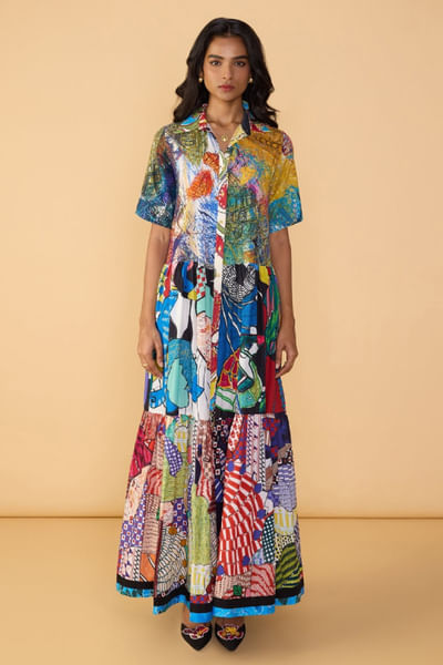 Multicolour abstract printed shirt dress