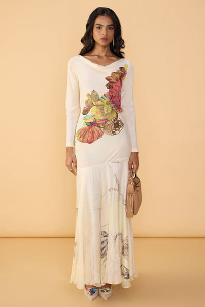Ivory abstract printed dress