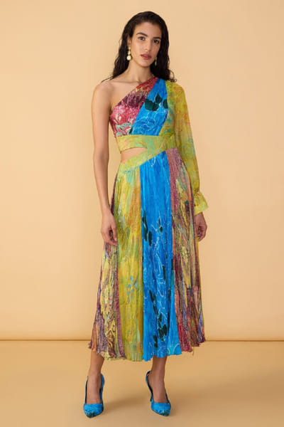 Multicolour printed one shoulder dress