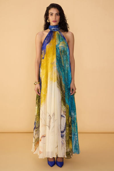 Multicolour abstract printed maxi dress