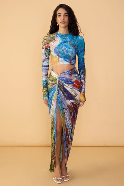 Multicolour abstract print skirt set