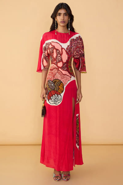 Raspberry red abstract printed dress