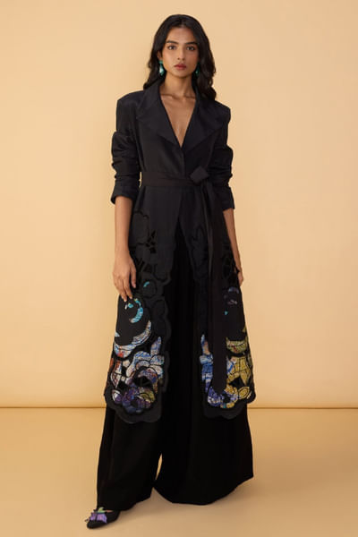Black embroidered trench coat