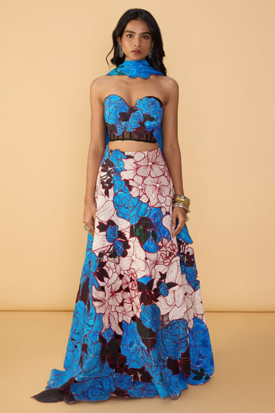 Blue floral embroidered skirt set