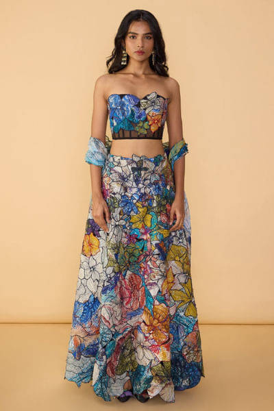 Multicolour floral applique lehenga set