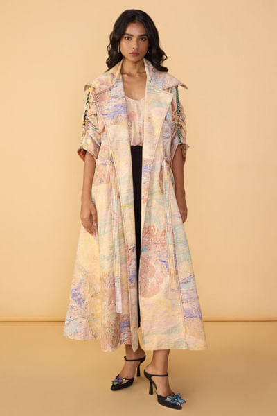 Multicolour printed trench coat
