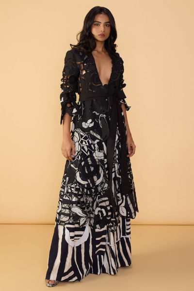 Black cutwork trench coat and palazzo