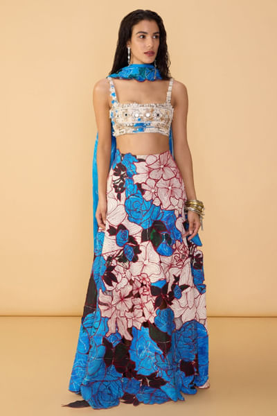 Blue floral cutwork lehenga set