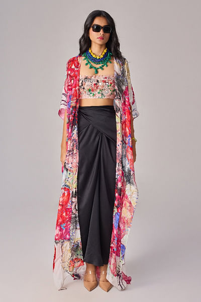 Multicolour floral printed cape and skirt set