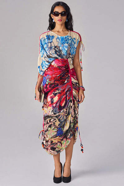 Multicolour floral print pleated kaftan dress