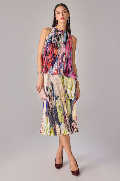 Multicolour printed top and skirt