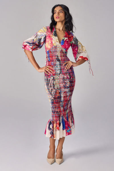 Multicolour floral printed midi frilled dress