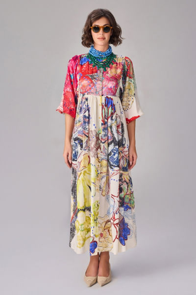 Multicolour floral printed buttoned dress
