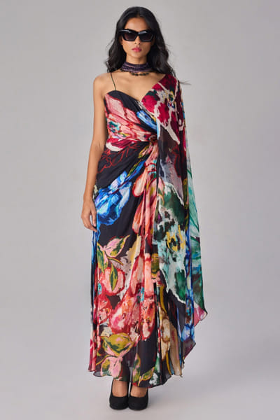Multicolour printed asymmetric dress