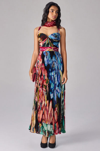 Multicolour floral printed pleated maxi dress