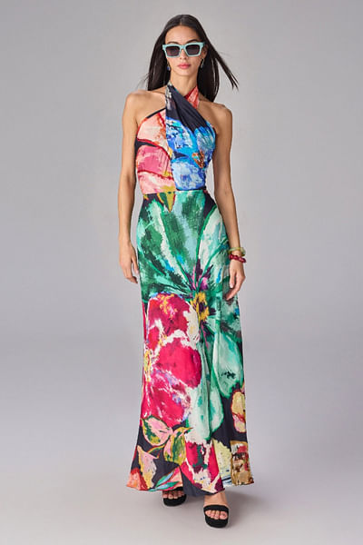 Multicolour floral printed halter column dress