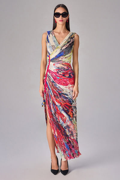 Multicolour floral printed pleated dress
