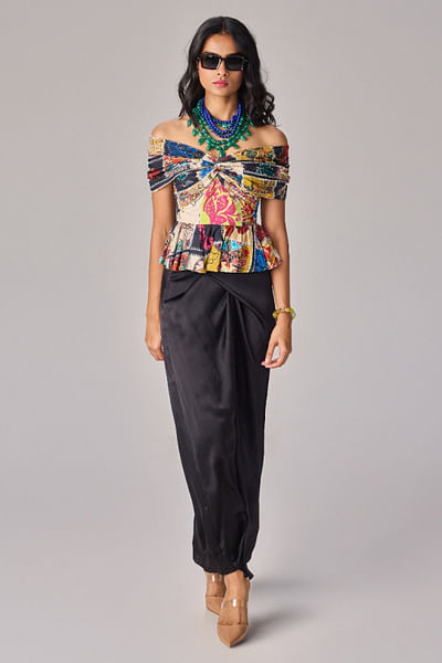 Multicolour abstract print bow top and skirt