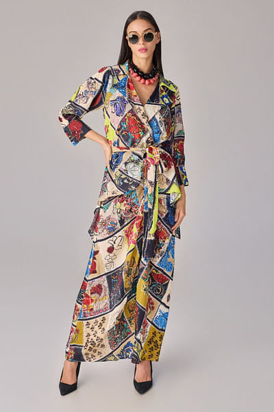 Multicolour abstract patchwork jacket skirt
