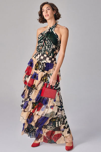 Multicolour floral and check print layer dress