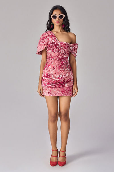 Pink floral printed draped mini dress