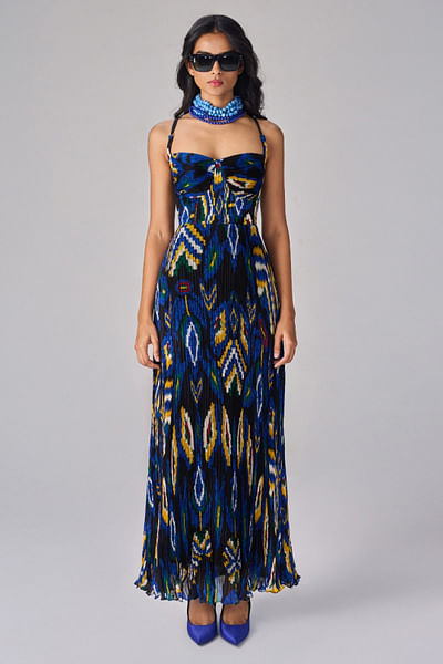 Blue aztec printed pleated maxi dress