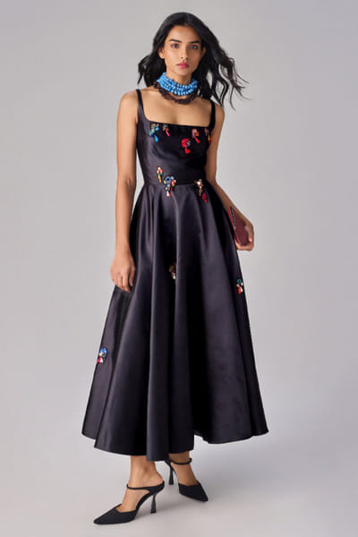 Black mirror embroidered tasselled midi dress