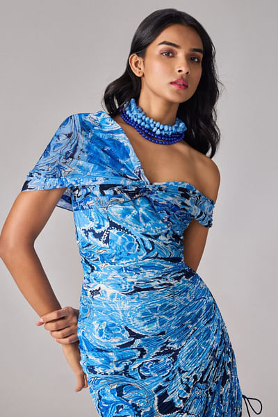 Blue abstract floral printed draped maxi dress