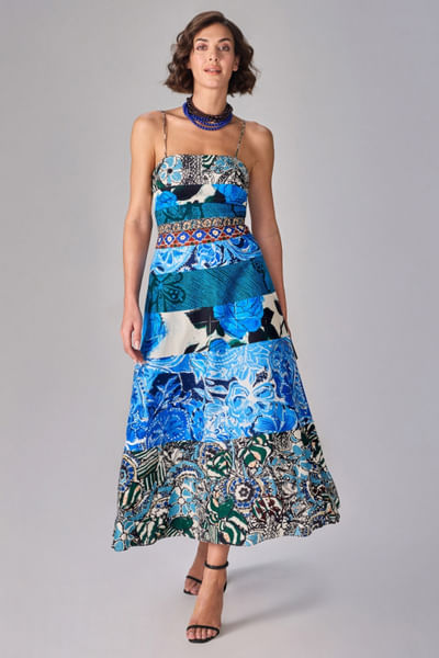 Blue block printed dress