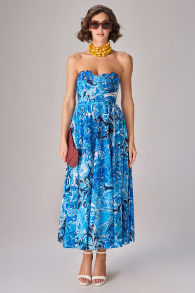Blue abstract floral printed strapless dress