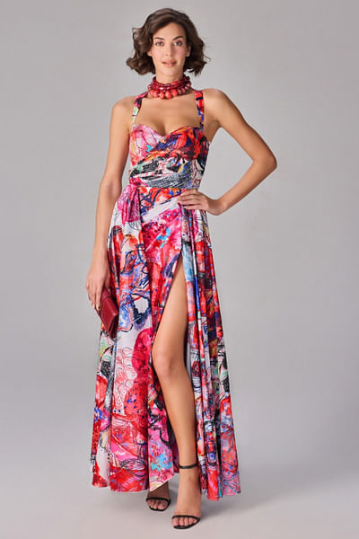 Multicolour floral printed slit maxi dress