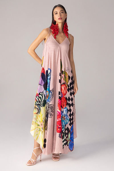 Light pink floral and check printed dress