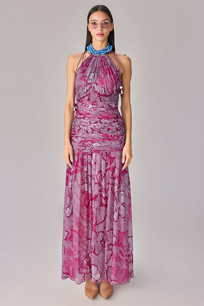 Purple bandhani and floral printed maxi dress